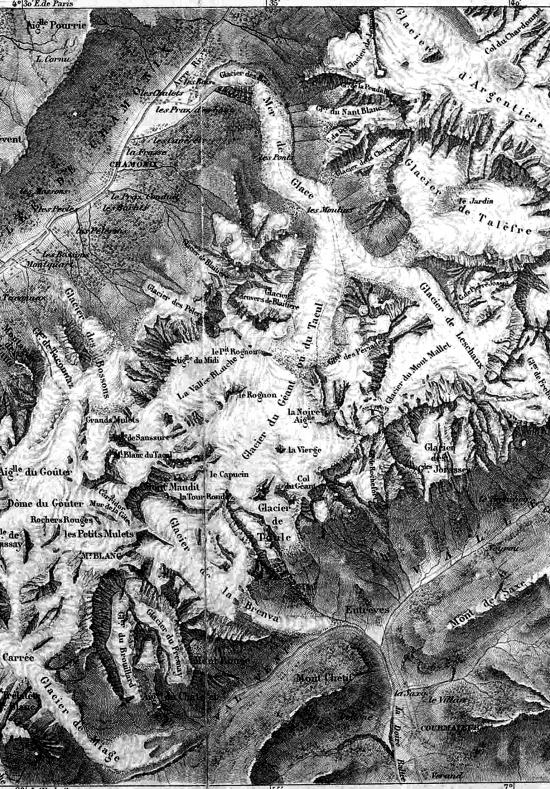 Mappa del Monte Bianco del 1848 tracciata da A. Vuillemin (particolare) (Miniatura 219x314 px)